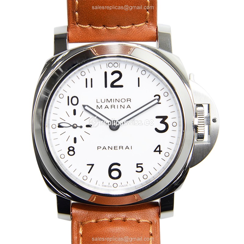 Panerai PAM00113 LUMINOR Replica - Manual - Stainless Steel - White Dial - Brown Cowhide - Buckle - Luxury Replica LUMINOR Watch