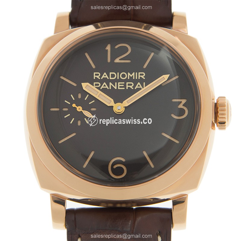 Panerai PAM00398 RADIOMIR - Manual Wind - 18kt Rose Gold - Black Dial - Brown Alligator Strap - Luxury Replica RADIOMIR Watch