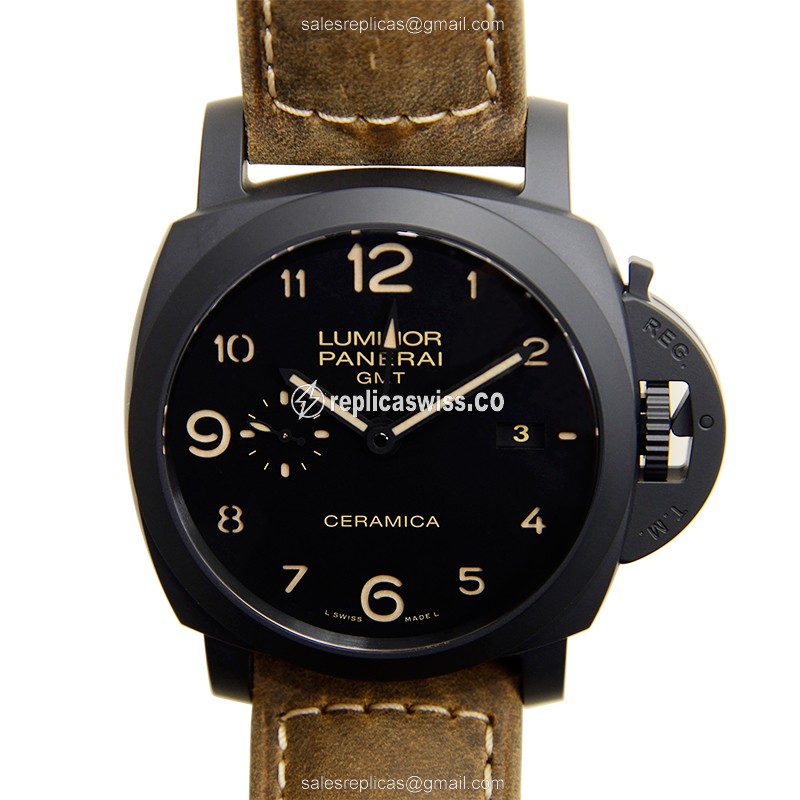 Panerai PAM00441 LUMINOR Replica - Automatic - Ceramic Case - Black Dial - Brown Cowhide Strap