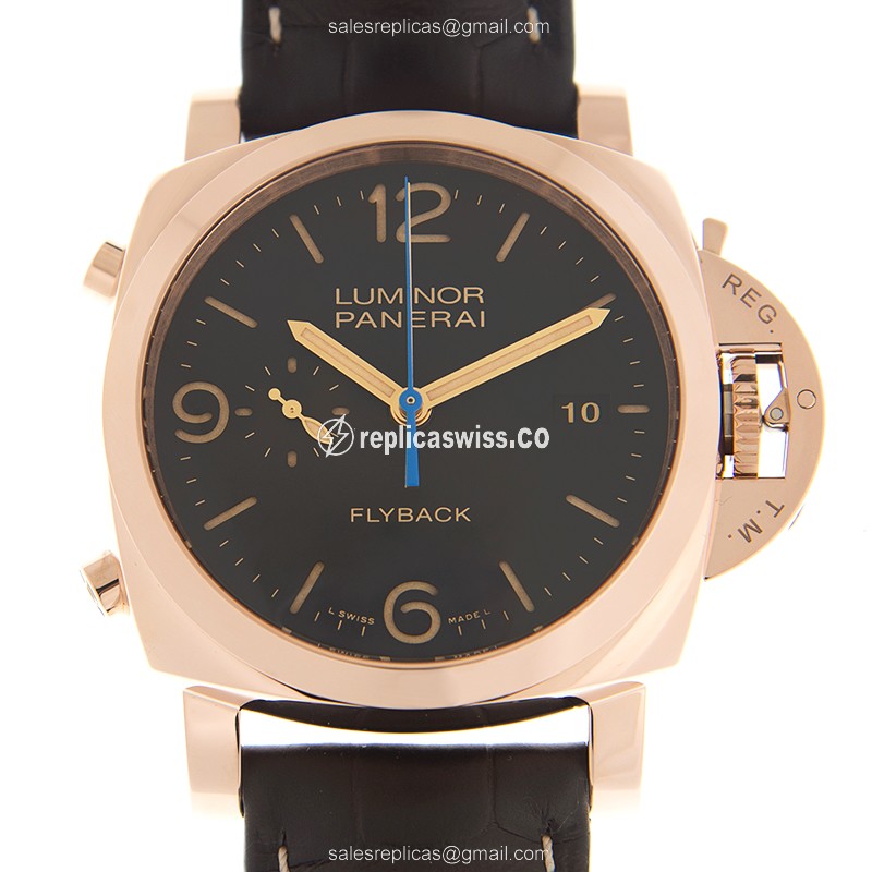 Panerai PAM00525 LUMINOR Replica - Automatic - 18kt Rose Gold - Black Dial - Brown Alligator Strap