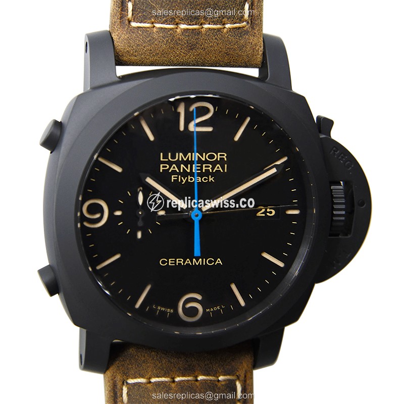 Panerai PAM00580 Replica - Automatic - Ceramic Case - Black Dial - Brown Cowhide Strap - Luxury Replica LUMINOR Watch