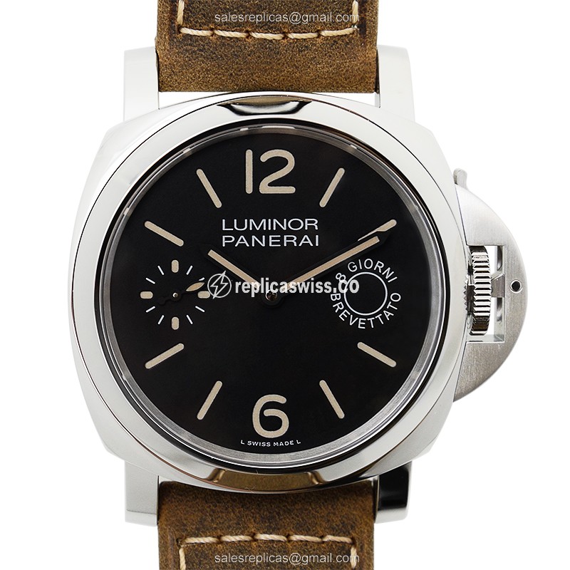 Panerai PAM00590 LUMINOR Replica - Manual - Stainless Steel - Black Dial - Brown Cowhide Strap