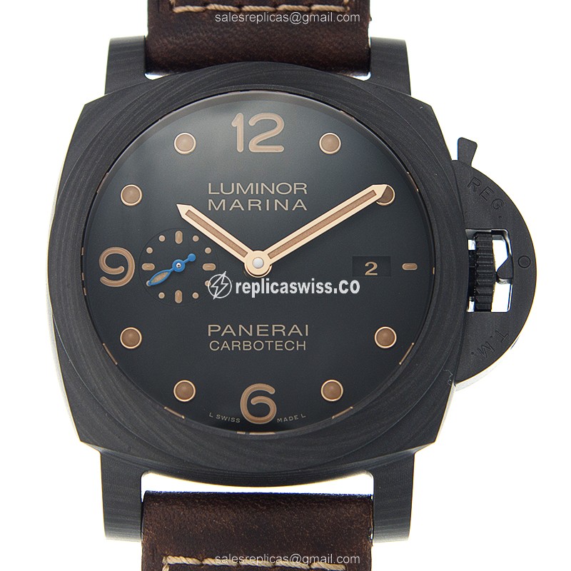 Panerai PAM00661 Replica - Luminor Auto Carbon - Black Dial Brown Cowhide Buckle
