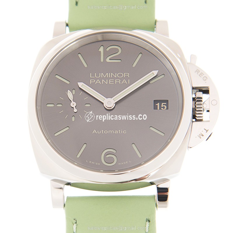 Panerai PAM00755 LUMINOR Replica - Automatic - Steel Case - Gray Dial - Green Leather Strap - Buckle Clasp