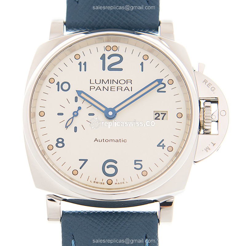 Panerai PAM00906 Replica - Automatic - Steel Case - White Dial - Blue Leather Strap