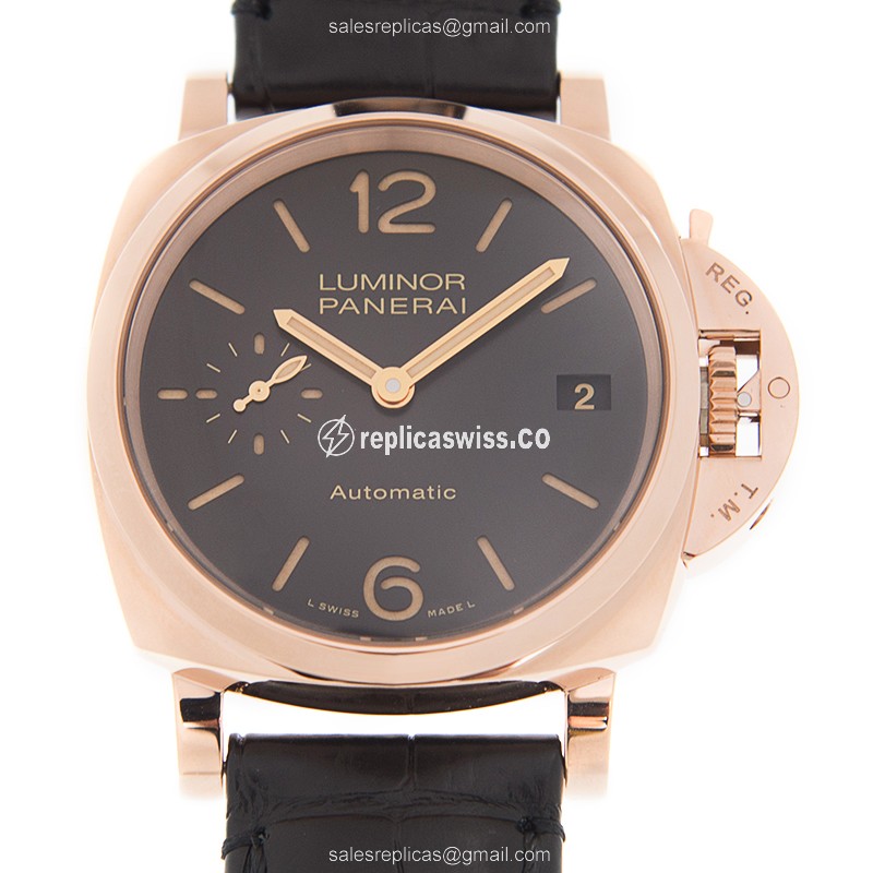 Panerai PAM00908 LUMINOR Replica - Automatic - 18kt Rose Gold - Black Dial - Alligator Black Strap