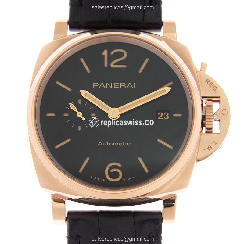 Panerai PAM01041 Replica - Automatic - 18kt Rose Gold - Black Dial - Alligator Black Strap - Luxury Replica LUMINOR DUE Watch