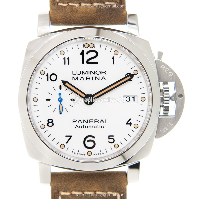 Panerai PAM01523 LUMINOR Replica - Automatic - Steel Case - White Dial - Brown Cowhide Strap