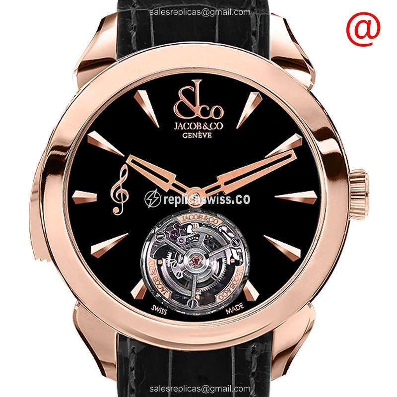 Jacob & Co PT500.40.NS.MK.ACA4A - Manual Wind - 18kt Rose Gold - Black Dial - Alligator Black Clasp - Luxury Replica PALATIAL Watch