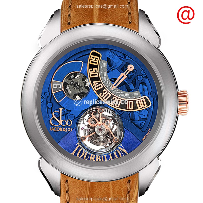 Jacob & Co PT510.24.NS.PB.A Replica - Manual - Rose Gold & Titanium - Blue Dial - Brown Alligator Buckle - Luxury Replica PALATIAL Watch