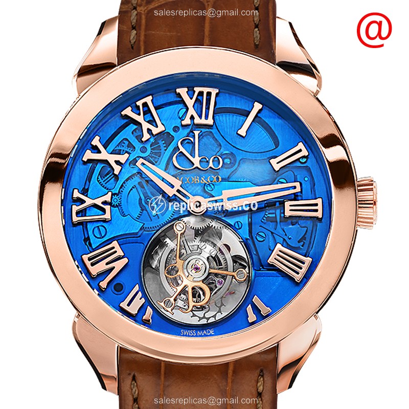 Jacob & Co PT520.40.NS.QB.A Replica - Manual Wind - 18kt Rose Gold - Blue Dial - Brown Alligator Strap - Luxury Replica PALATIAL Watch
