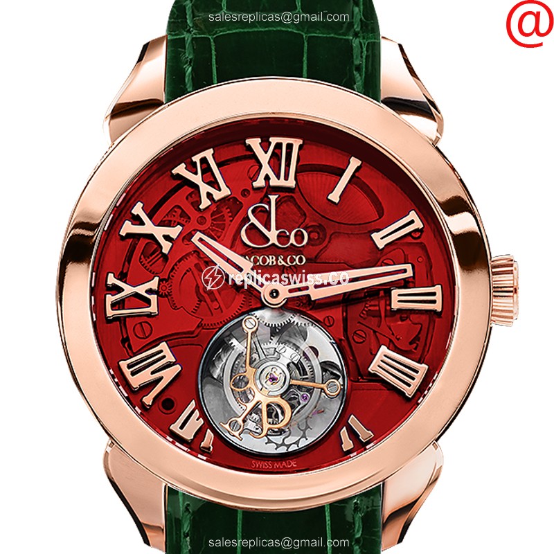 Jacob & Co PT520.40.NS.QR.A - Manual Wind - 18kt Rose Gold - Red Dial - Buckle Clasp - Dark Green Alligator Strap - Luxury Replica PALATIAL Watch
