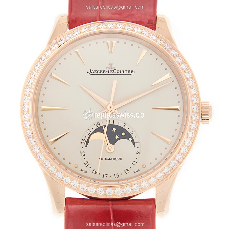 Jaeger-Lecoultre Q1252501 Replica - Ultra Thin - Automatic - 18kt Rose Gold - Diamond - White Dial - Red Leather Strap