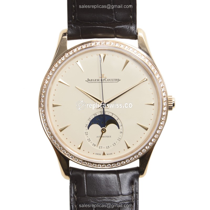 Jaeger-Lecoultre Q1362501 Replica - Ultra Thin - Automatic - 18kt Rose Gold Case - Beige Dial & Diamond Accents - Brown Alligator Strap