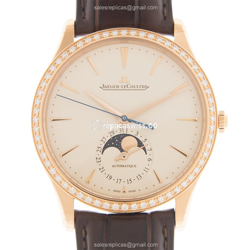 Jaeger-Lecoultre Master Ultra-Thin Replica - Automatic - Rose Gold - Beige Dial - Diamond Set - Alligator Brown
