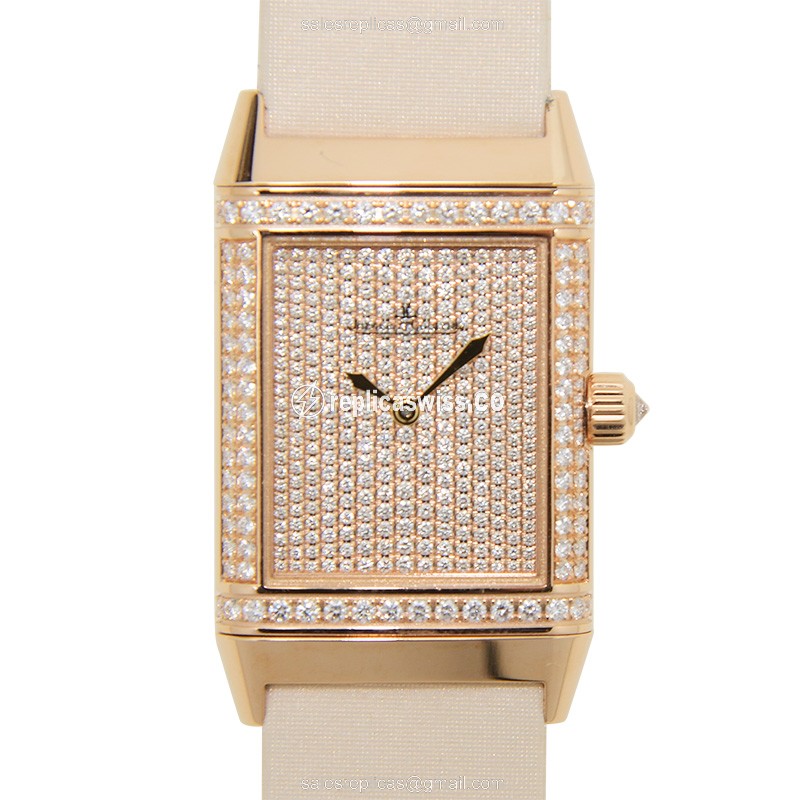 Jaeger-Lecoultre Q2562407 REVERSO - Manual Wind - 18kt Rose Gold - Diamond Bezel - Gold Dial - Leather Beige Strap - Luxury Replica REVERSO Watch