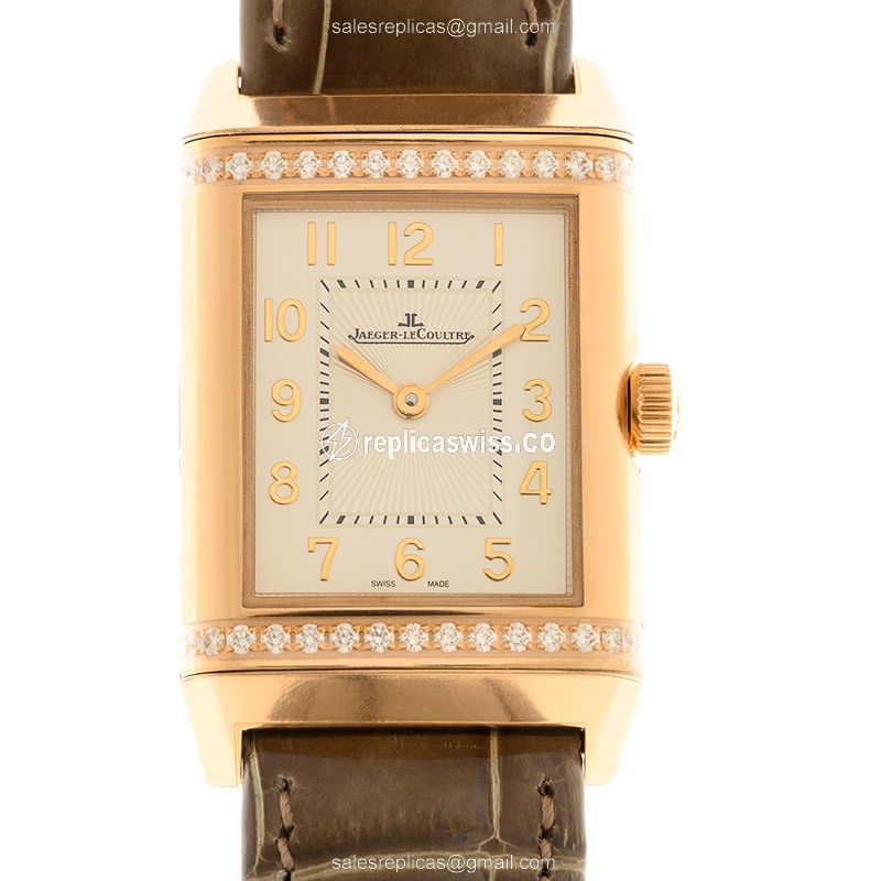 Jaeger-Lecoultre Q2572570 - Automatic - 18kt Rose Gold - Diamond Dial - Leather Brown Strap - Luxury Replica REVERSO Watch