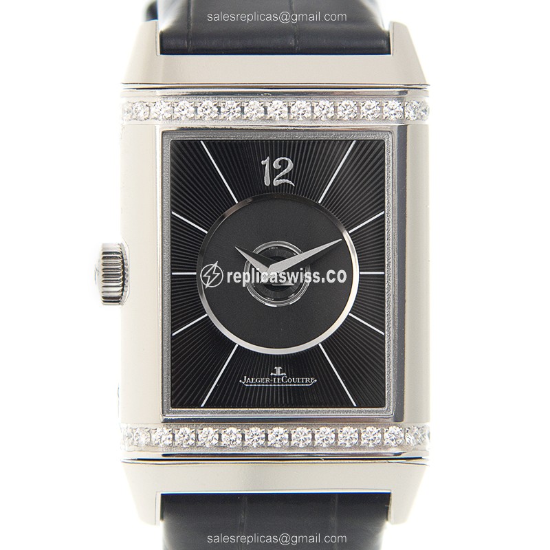Jaeger-Lecoultre Q2578420 REVERSO Replica - Automatic - Diamond-Trimmed Case - Black Dial - Alligator Strap - Luxury Replica REVERSO Watch