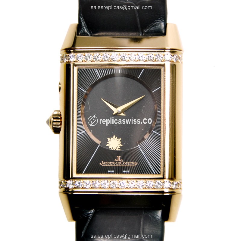 Jaeger-Lecoultre Q2692424 REVERSO - Manual - 18kt Rose Gold - Diamonds - Dark Grey Dial - Black Alligator Strap - Luxury Replica REVERSO Watch