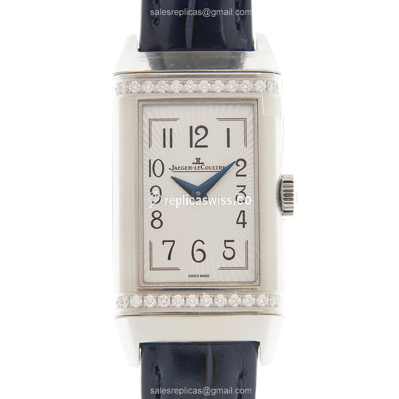 Jaeger-Lecoultre Q3348420 REVERSO - Manual - Stainless Steel - Diamonds - Silver Dial - Blue Leather Strap - Luxury Replica REVERSO Watch