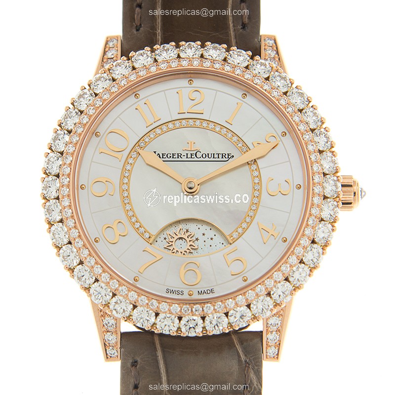 Jaeger-Lecoultre Rendez-Vous Replica - Automatic 18kt Rose Gold - Diamond Dial - Alligator Brown Strap