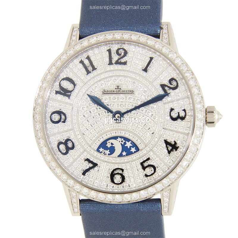 Jaeger-Lecoultre Q3433407 Replica - Automatic - 18kt White Gold - Diamond Set - Silver Dial - Blue Satin Strap - Luxury Replica RENDEZ VOUS Watch