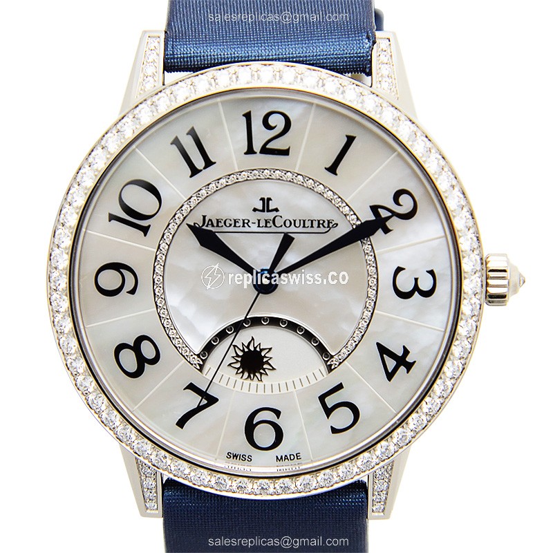 Jaeger-Lecoultre Rendez-Vous Replica - Automatic - 18kt White Gold - Diamond - White Dial - Blue Satin Strap