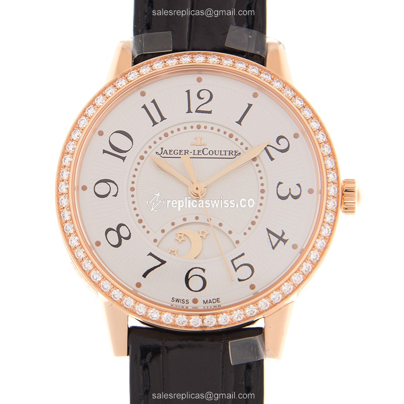 Jaeger-Lecoultre Rendez-Vous Replica - Automatic - 18kt Rose Gold - Diamond - Silver Dial - Leather Black Strap