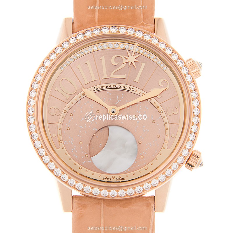 Jaeger-Lecoultre Rendez-Vous Replica - Auto - 18kt Rose Gold - Diamond Dial - Gold Clasp - Orange Leather Strap
