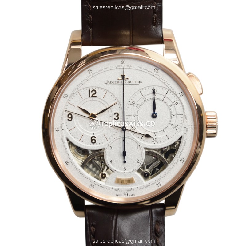 Jaeger-Lecoultre Q6012521 DUO - Manual - 18kt Rose Gold - Silver Dial - Brown Alligator Buckle - Luxury Replica DUOMETRE Watch