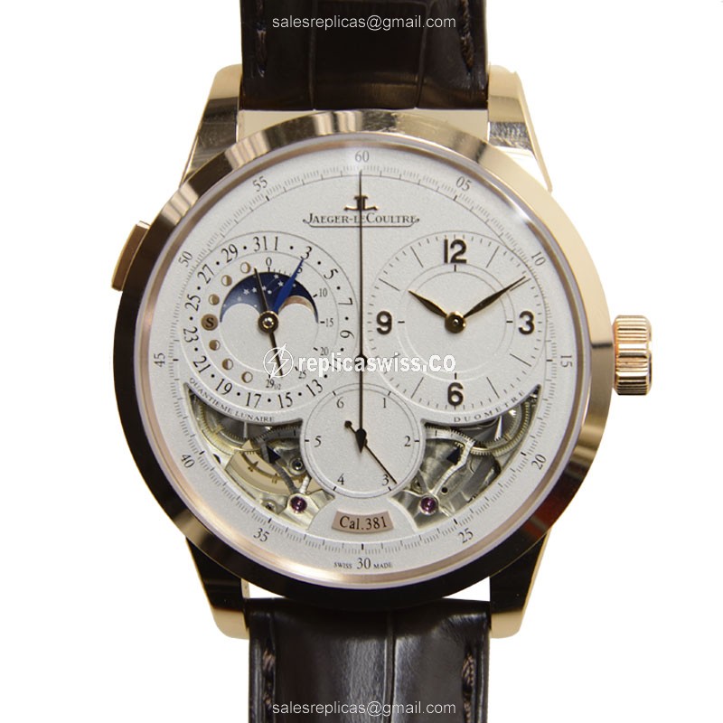 Jaeger-Lecoultre Q6042520 DUO - Manual 18kt Rose Gold - White Dial - Brown Alligator Buckle - Luxury Replica DUOMETRE Watch