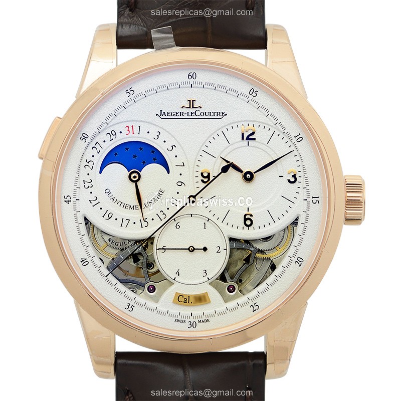 Jaeger-Lecoultre Q6042522 DUO Rose Gold - Manual - White Dial - Brown Alligator Buckle - Luxury Replica DUOMETRE Watch