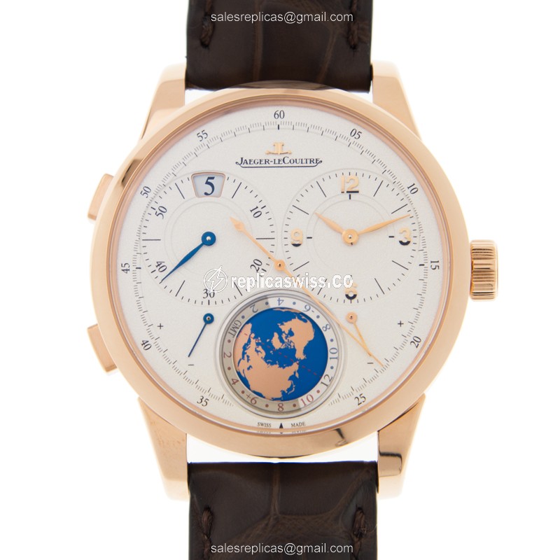 Jaeger-Lecoultre Q6062420 DUO - Manual 18kt Rose Gold - Silver Dial - Brown Alligator - Luxury Replica DUOMETRE Watch