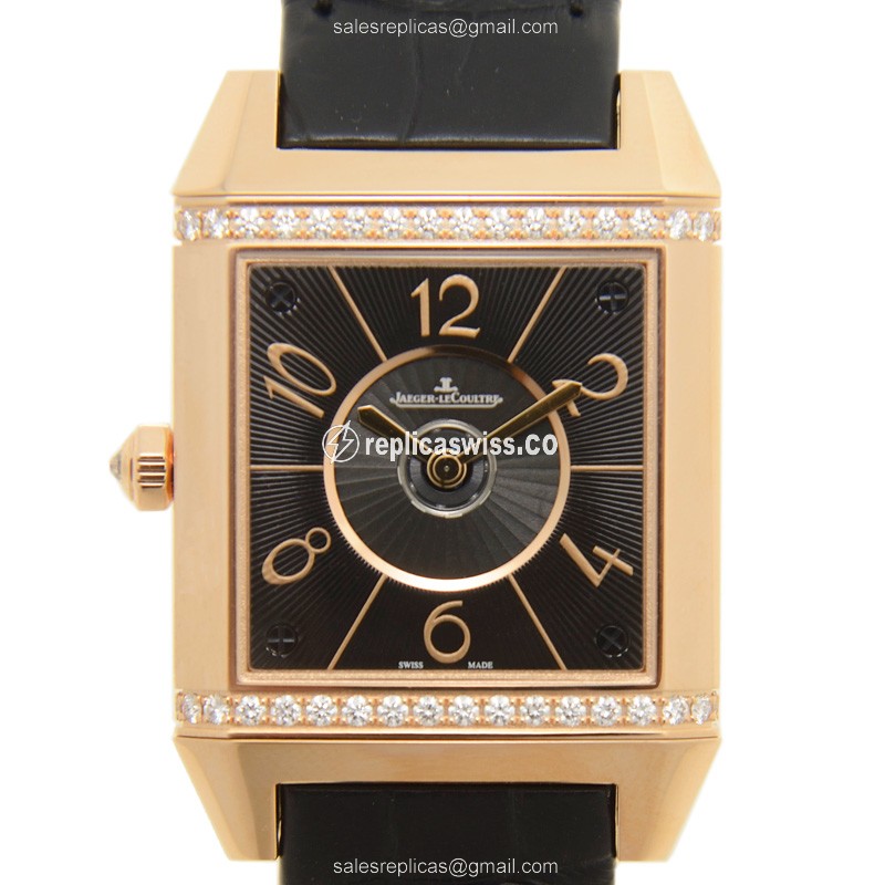 Jaeger-Lecoultre Q7052421 REVERSO Replica - Automatic - Rose Gold Case - Diamond Dial - Black Strap - Luxury Replica REVERSO Watch