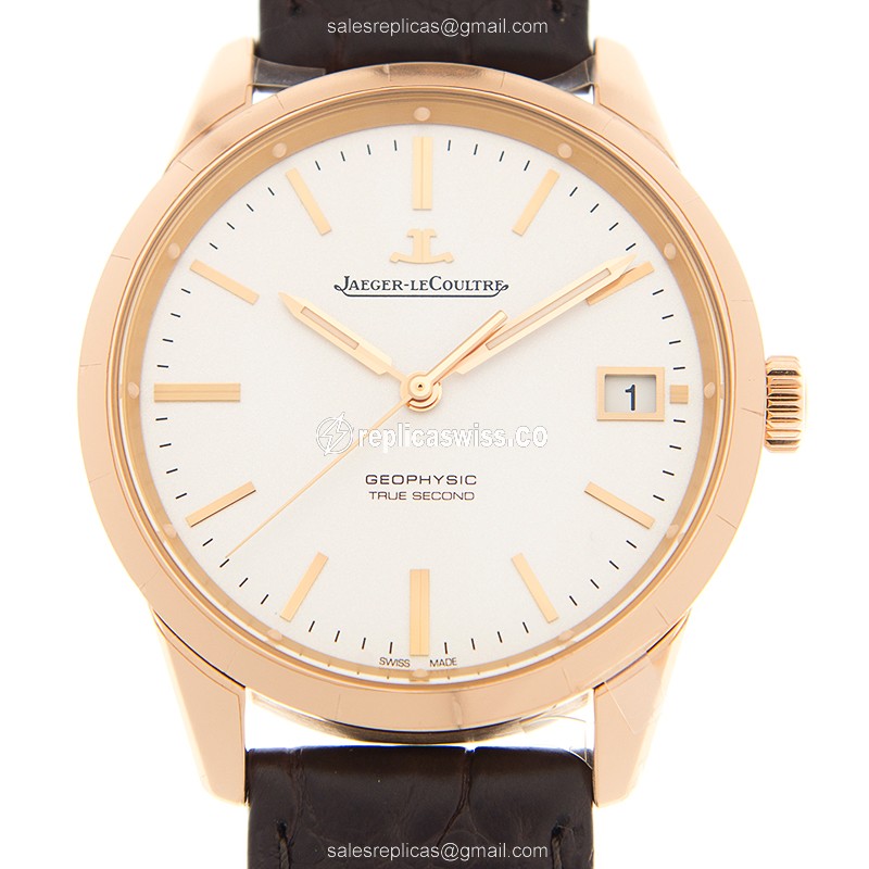 Jaeger-Lecoultre Q8012520 Replica - Automatic 18kt Rose Gold - Silver Dial, Leather Black Strap, Buckle Clasp - Luxury Replica GEOPHYSIC Watch