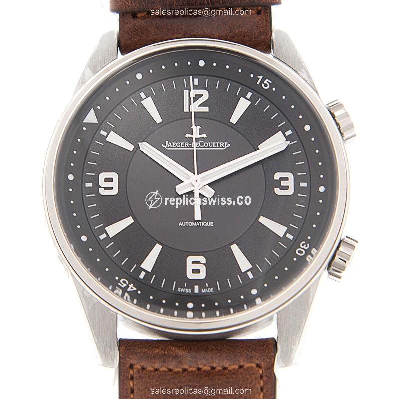 Jaeger-Lecoultre Polaris Date Replica - Automatic - Steel Case - Black Dial - Brown Leather Strap - Luxury Replica POLARIS DATE Watch