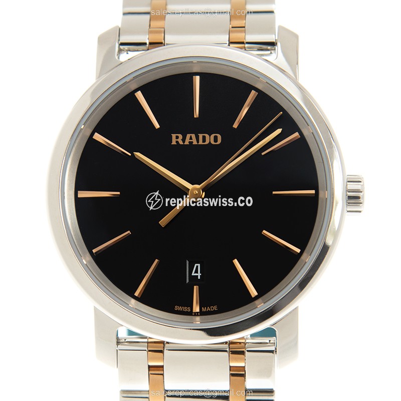 Rado DIAMASTER Quartz - Gold & Steel - Black Dial - Gold Strap - Clasp