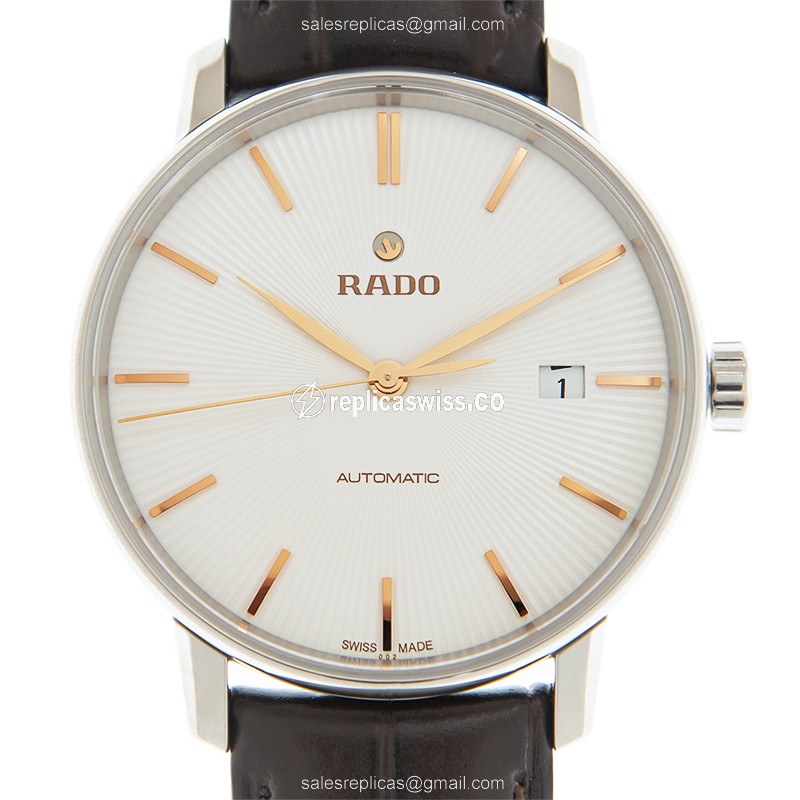 Rado COUPOLE CLASSIC Replica - Automatic - Stainless Steel - White Dial - Brown Leather Strap - Luxury Rado Replica Watch