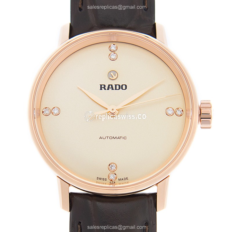 Rado COUPOLE CLASSIC Replica - Automatic - Gold PVD - Beige Dial - Brown Leather Strap - Premium Replica COUPOLE CLASSIC Replica Watch - Front View