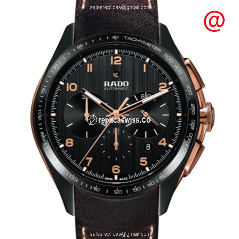 Hyperchrome Replica Watch - Rado R32168155 - Automatic - Steel Case - Black Dial - Brown Leather Strap - Buckle Clasp