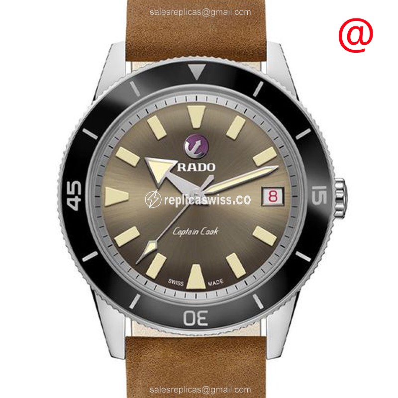 Rado Captain Cook Replica - Automatic - Steel Case - Gray Dial - Brown Leather Strap - Luxury Rado Replica Watch