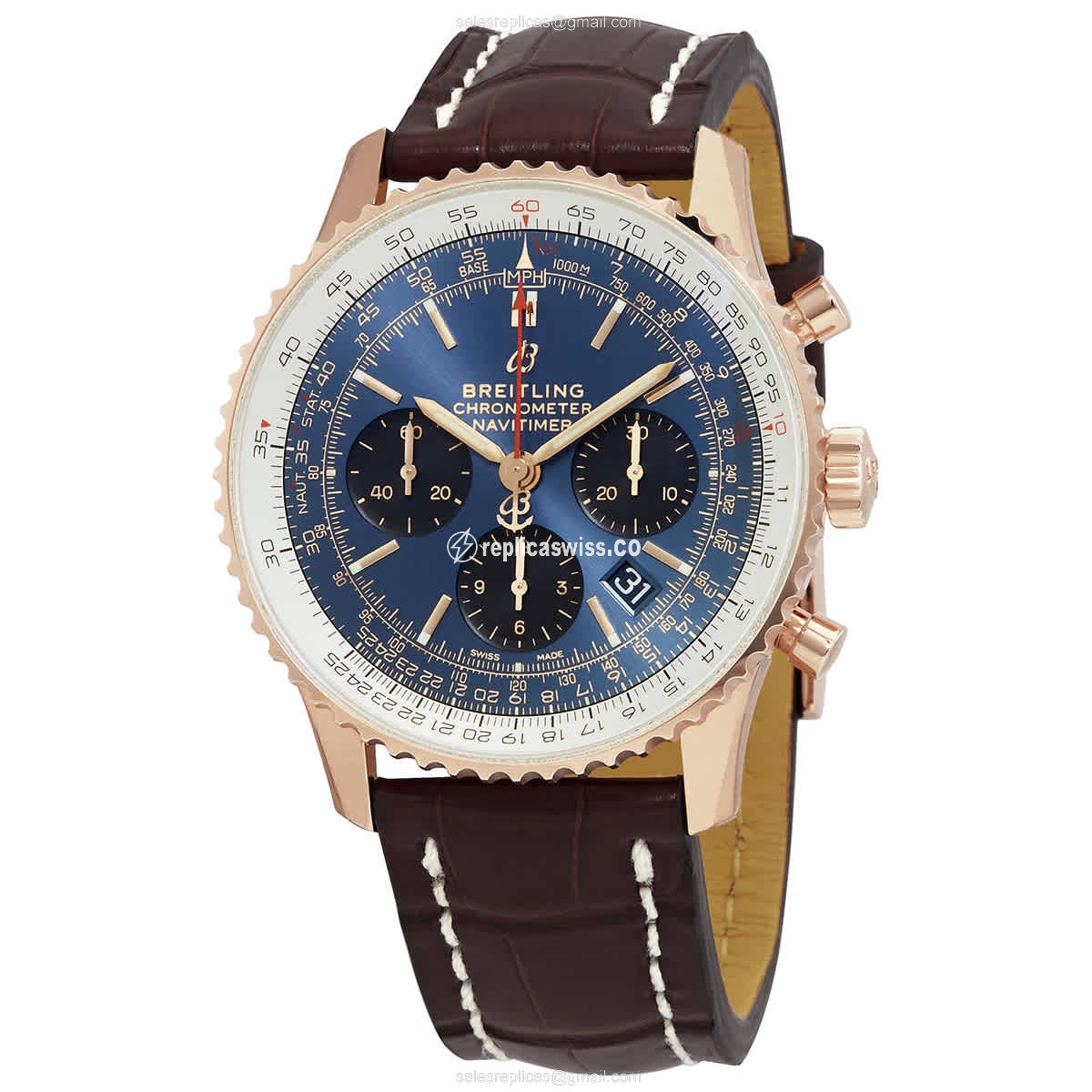 Breitling RB0121211C1P2 Replica - Auto - 18kt Rose Gold Case - Blue Dial - Brown Alligator Strap - Luxury Replica NAVITIMER 1 Watch
