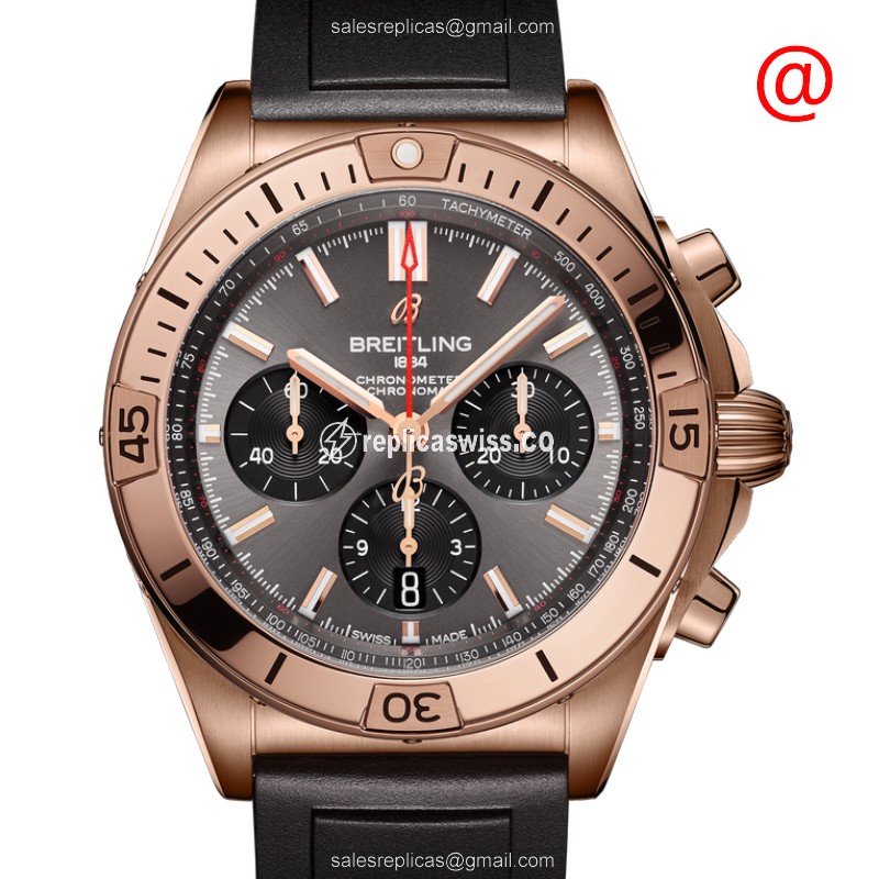 Breitling RB0134101B1S1 Replica - Automatic - 18kt Rose Gold - Gray Dial - Black Rubber Strap - Luxury Replica CHRONOMAT B01 Watch