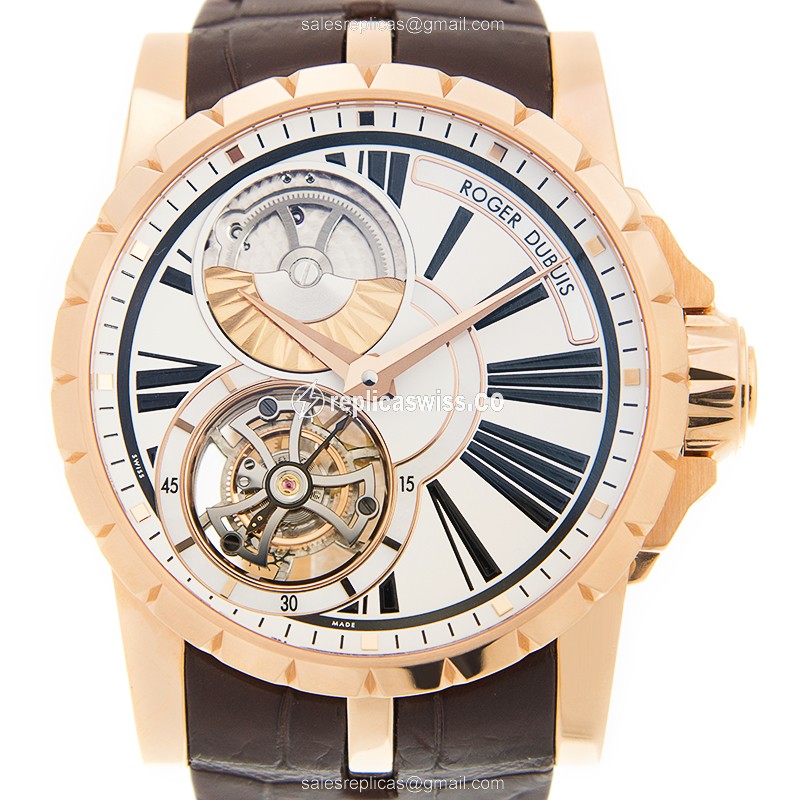 Roger Dubuis EXCALIBUR 18kt Rose Gold Replica - Automatic White Dial Brown Alligator