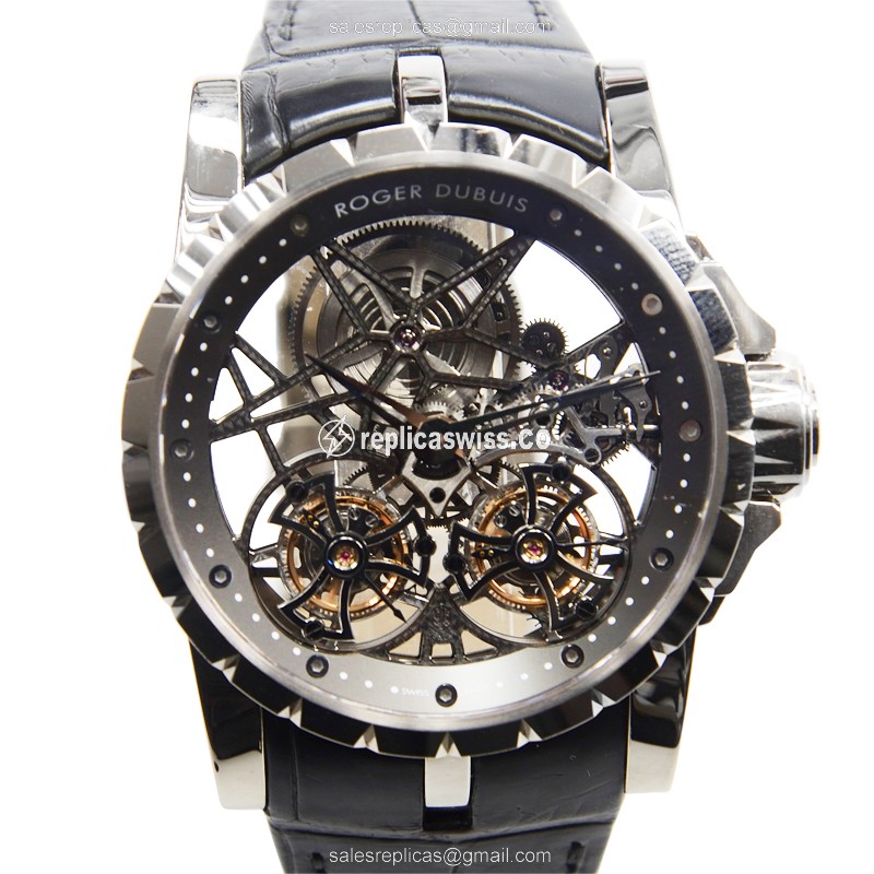 Roger Dubuis RDDBEX0281 EXCALIBUR - Manual Wind - 18kt Gold Case - Silver Dial - Black Leather Strap