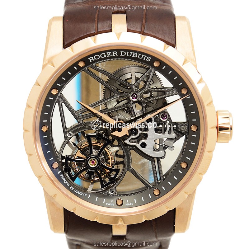 Roger Dubuis EXCALIBUR - Manual Wind - 18kt Rose Gold - Skull Dial - Brown Alligator Strap - Luxury Replica EXCALIBUR Watch
