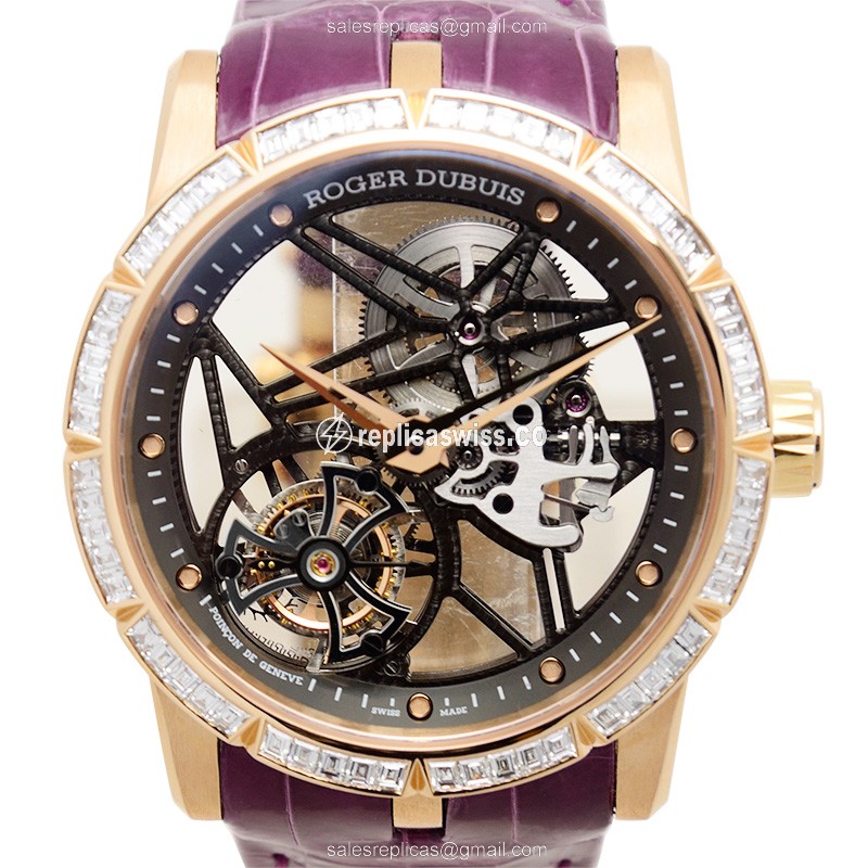 Roger Dubuis RDDBEX0404 EXCALIBUR Replica - Manual Wind - 18kt Rose Gold - Skull Dial - Purple Alligator Strap - Luxury Replica EXCALIBUR Watch