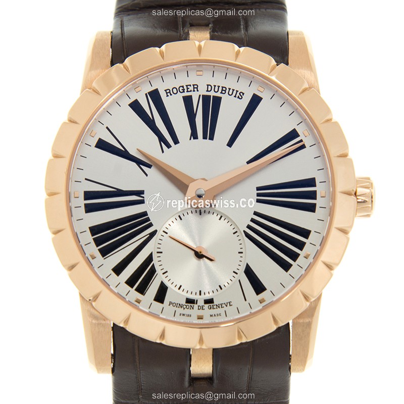 Roger Dubuis RDDBEX0461 Replica - Automatic - 18kt Rose Gold - Silver Dial - Brown Alligator Strap - Luxury Replica EXCALIBUR Watch