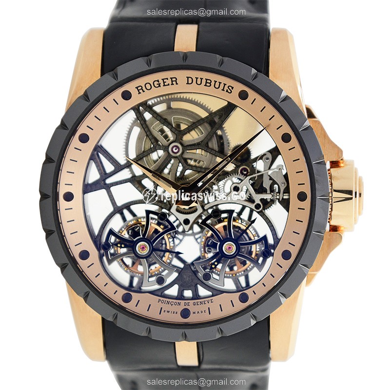 Roger Dubuis RDDBEX0472 EXCALIBUR - Manual - 18kt Rose Gold Case - Skull Dial - Black Alligator Strap - Luxury Replica EXCALIBUR Watch