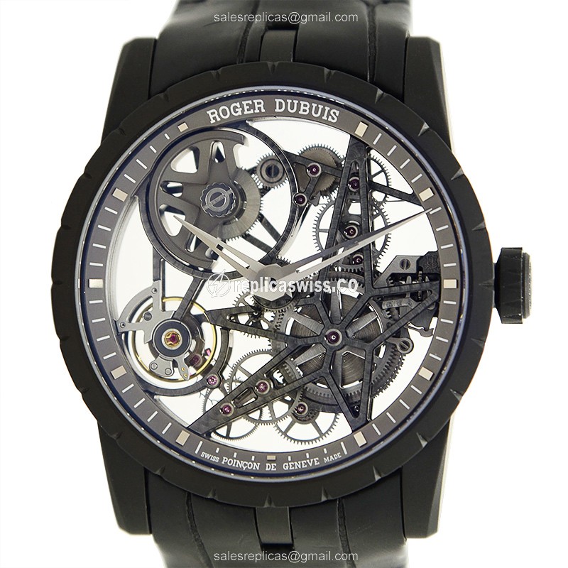Roger Dubuis RDDBEX0473 EXCALIBUR - Automatic Titanium - Skull Dial - Black Alligator Strap - Luxury Replica EXCALIBUR Watch
